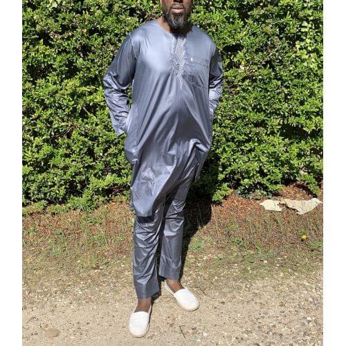 Qamis Pakistanais sans Col, Manche Longue - Tissu Semi Glacé Anthracite - Qamis Court + Pantalon - Afaq Qamis Pakistanais sans Col, Manche Longue - Tissu Semi Glacé Anthracite - Qamis Court + Pantalon - Afaq