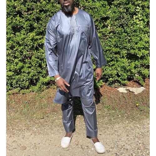 Qamis Pakistanais sans Col, Manche Longue - Tissu Semi Glacé Anthracite - Qamis Court + Pantalon - Afaq Qamis Pakistanais sans Col, Manche Longue - Tissu Semi Glacé Anthracite - Qamis Court + Pantalon - Afaq