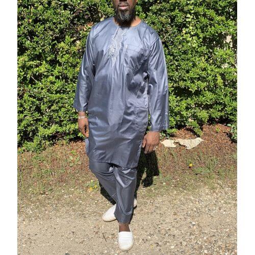Qamis Pakistanais sans Col, Manche Longue - Tissu Semi Glacé Anthracite - Qamis Court + Pantalon - Afaq Qamis Pakistanais sans Col, Manche Longue - Tissu Semi Glacé Anthracite - Qamis Court + Pantalon - Afaq