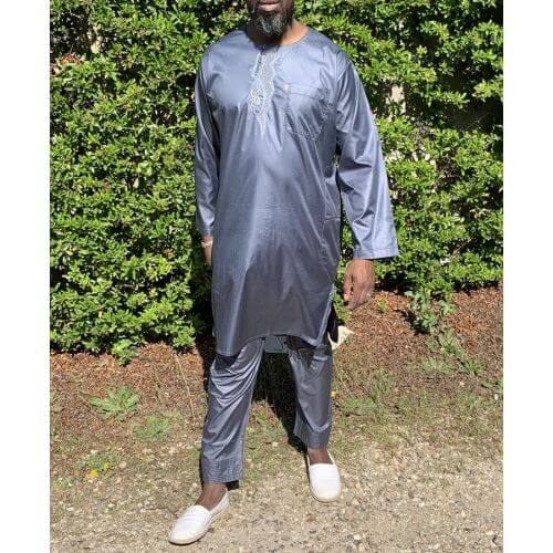 Qamis Pakistanais sans Col, Manche Longue - Tissu Semi Glacé Anthracite - Qamis Court + Pantalon - Afaq Qamis Pakistanais sans Col, Manche Longue - Tissu Semi Glacé Anthracite - Qamis Court + Pantalon - Afaq