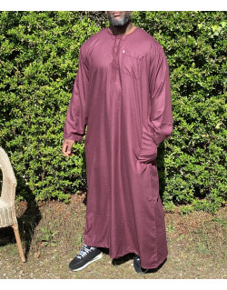 Qamis Long Omani Sans Col - Tissu Coton Bordeaux - Manche Longue Style Ikaf -Afaq