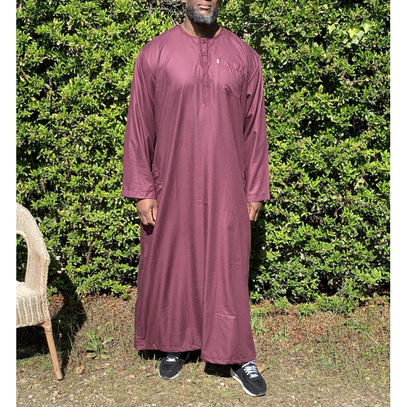 Qamis Long Omani Sans Col - Tissu Coton Bordeaux - Manche Longue Style Ikaf -Afaq Qamis Long Omani Sans Col - Tissu Coton Bordeaux - Manche Longue Style Ikaf -Afaq