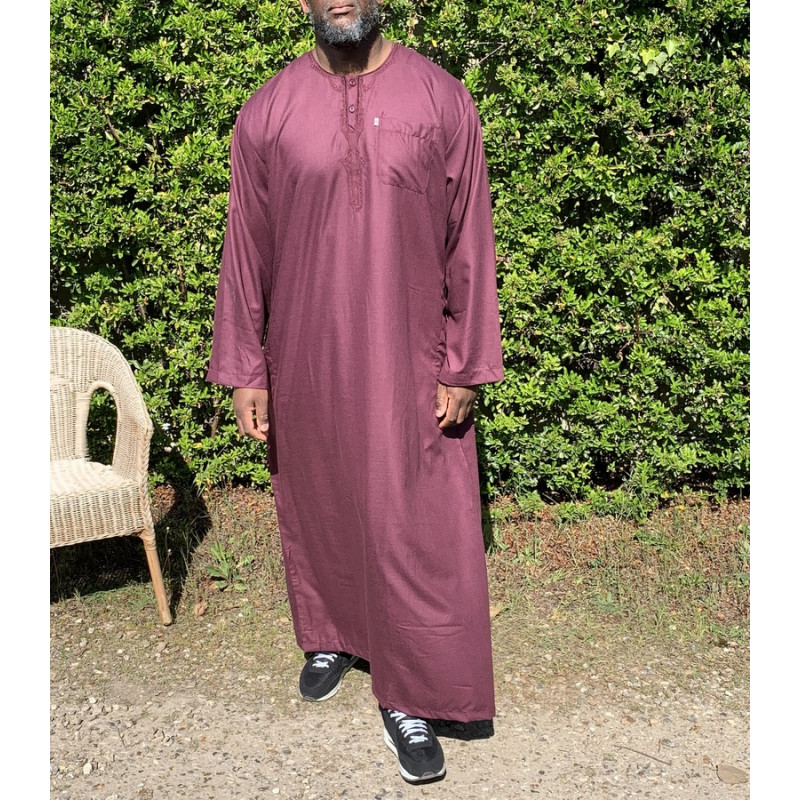 Qamis Long Omani Sans Col - Tissu Coton Bordeaux - Manche Longue Style Ikaf -Afaq Qamis Long Omani Sans Col - Tissu Coton Bordeaux - Manche Longue Style Ikaf -Afaq