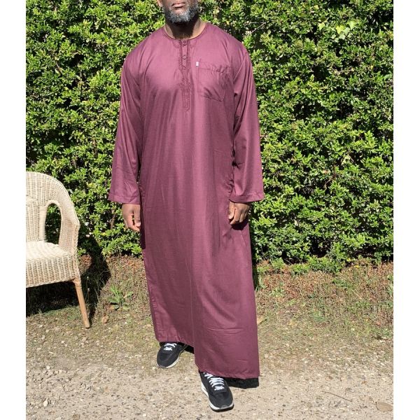 Qamis Long Omani Sans Col - Tissu Coton Bordeaux - Manche Longue Style Ikaf -Afaq