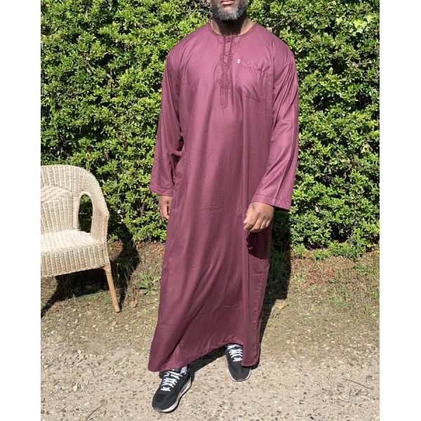 Qamis Long Omani Sans Col - Tissu Coton Bordeaux - Manche Longue Style Ikaf -Afaq