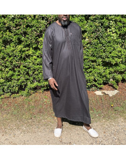 Qamis Long Omani Sans Col - Tissu Coton Noir - Manche Longue Style Ikaf -Afaq