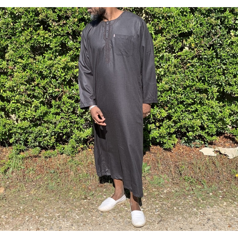 Qamis Long Omani Sans Col - Tissu Coton Noir - Manche Longue Style Ikaf -Afaq