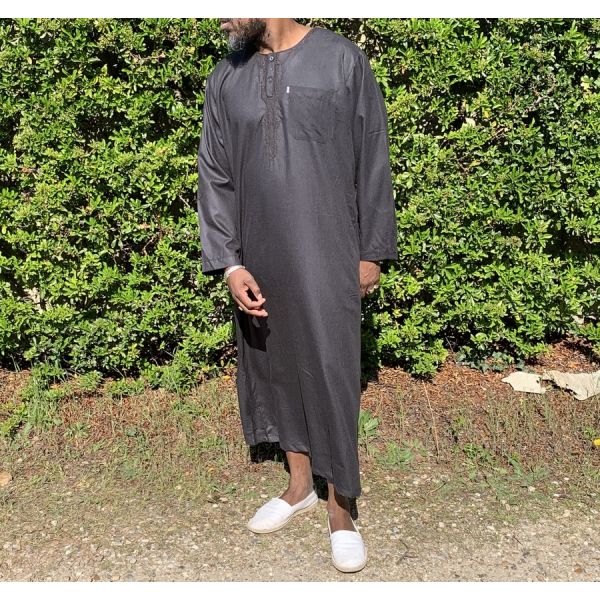 Qamis Long Omani Sans Col - Tissu Coton Noir - Manche Longue Style Ikaf -Afaq