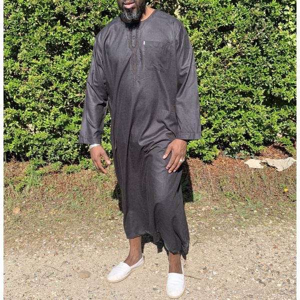 Qamis Long Omani Sans Col - Tissu Coton Noir - Manche Longue Style Ikaf -Afaq