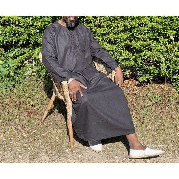 Qamis Long Omani Sans Col - Tissu Coton Noir - Manche Longue Style Ikaf -Afaq