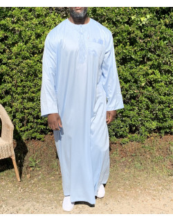 Qamis Long Omani Sans Col - Tissu Glacé Bleu Ciel - Manche Longue Style Ikaf -Afaq