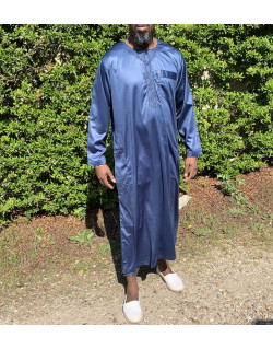 Qamis Long Omani Sans Col - Tissu Glacé Bleu Pétrole - Manche Longue Style Ikaf -Afaq