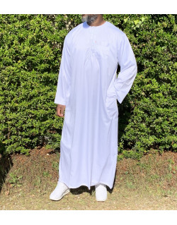 Qamis Long Omani Sans Col - Tissu Glacé Blanc - Manche Longue Style Ikaf -Afaq