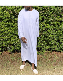 Qamis Long Omani Sans Col - Tissu Coton Blanc - Manche Longue Style Ikaf -Afaq