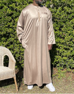 Qamis Long Omani Sans Col - Tissu Glacé Beige - Manche Longue Style Ikaf -Afaq
