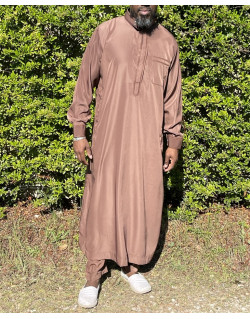 Qamis Qatari à Col - Tissu Satin Marron - Qamis Long + Pantalon - Afaq