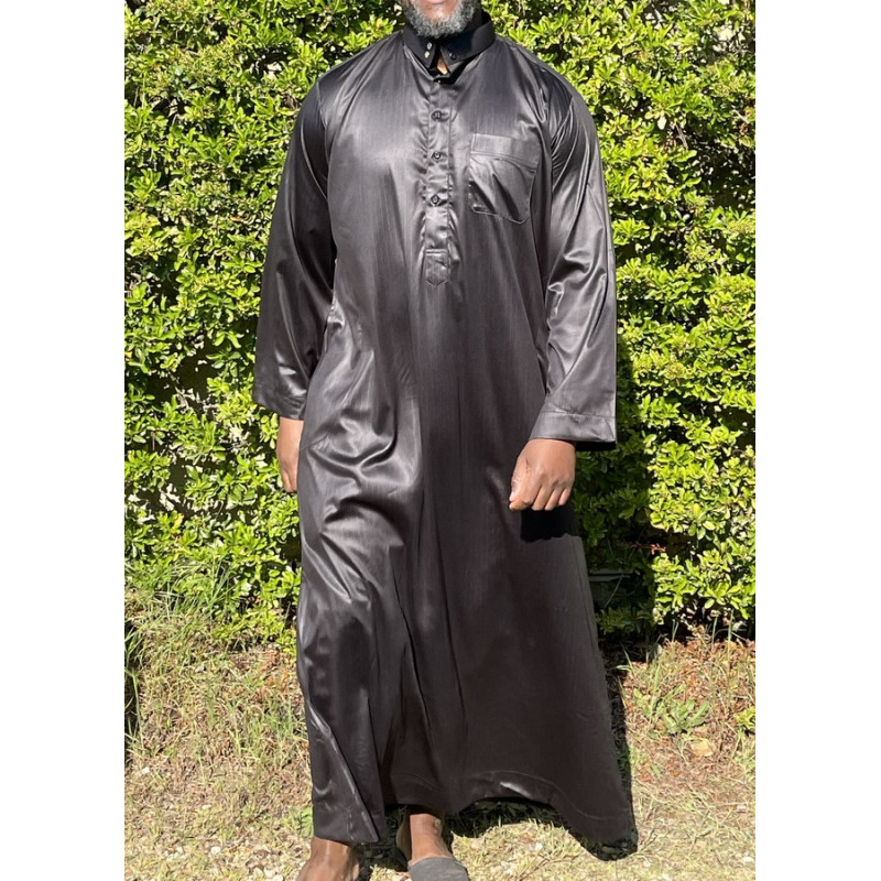 Qamis Long Saoudien De Luxe à Col - Tissu Glacé Noir - Manche Longue Style Haramain ou Daffah -Afaq