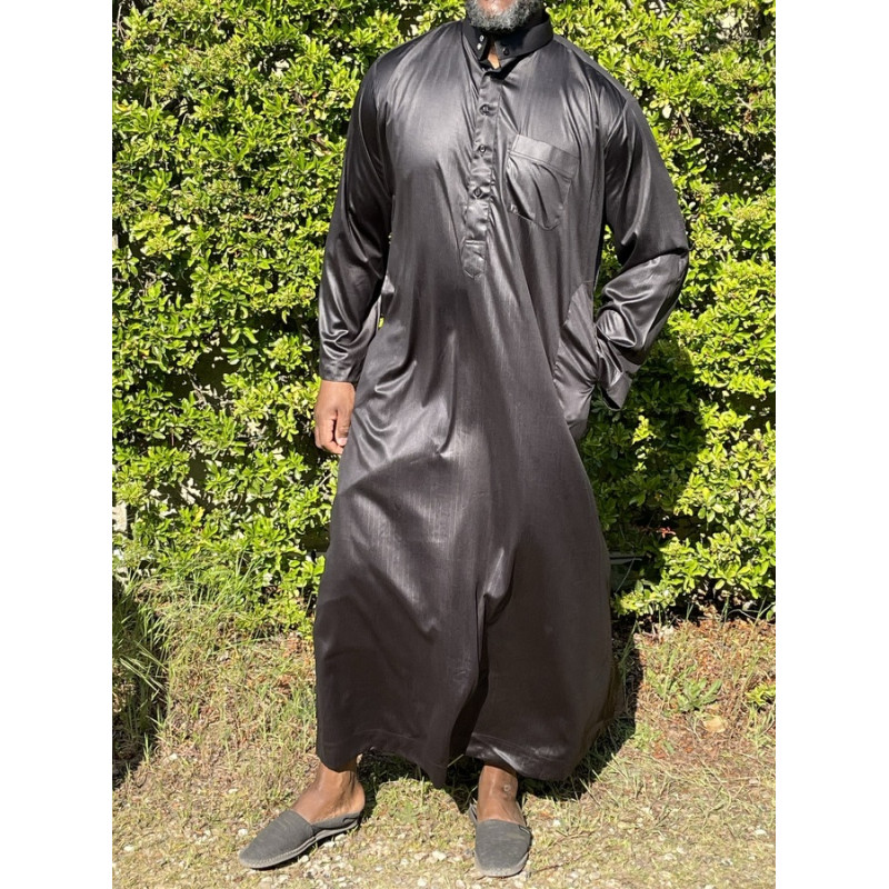 Qamis Long Saoudien De Luxe à Col - Tissu Glacé Noir - Manche Longue Style Haramain ou Daffah -Afaq