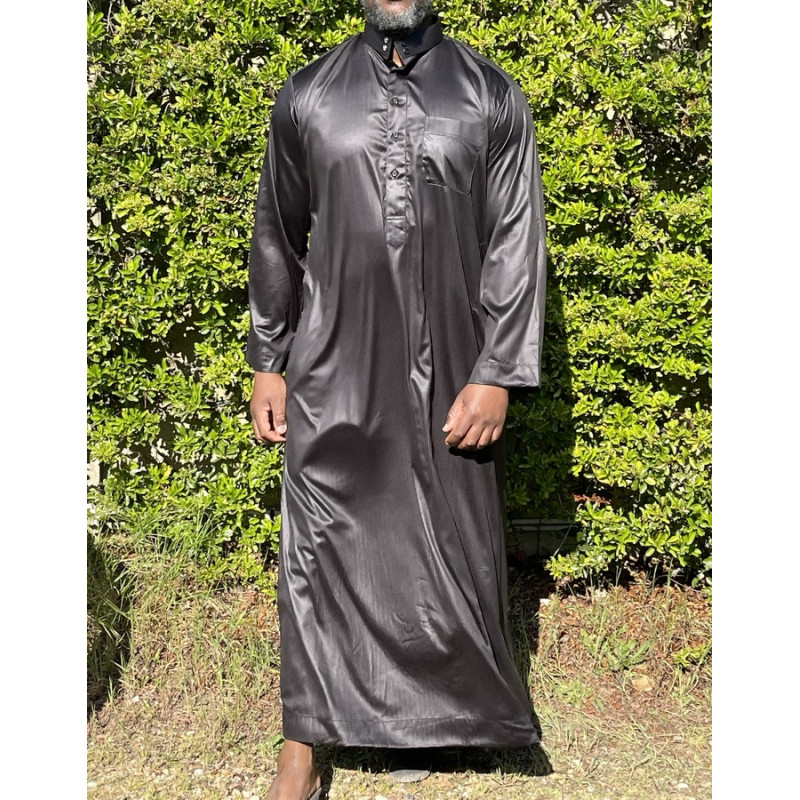 Qamis Long Saoudien De Luxe à Col - Tissu Glacé Noir - Manche Longue Style Haramain ou Daffah -Afaq