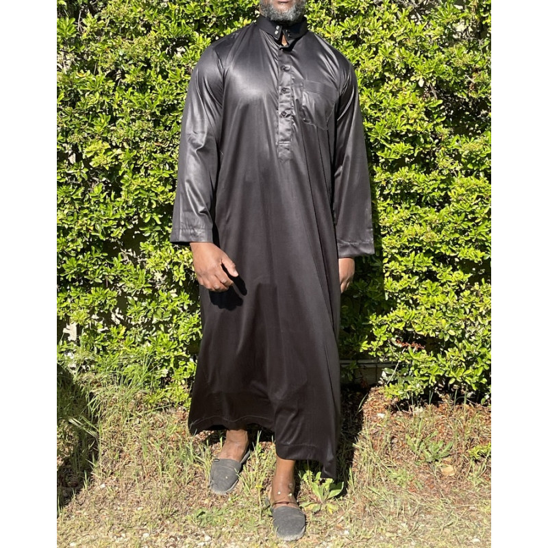 Qamis Long Saoudien De Luxe à Col - Tissu Glacé Noir - Manche Longue Style Haramain ou Daffah -Afaq