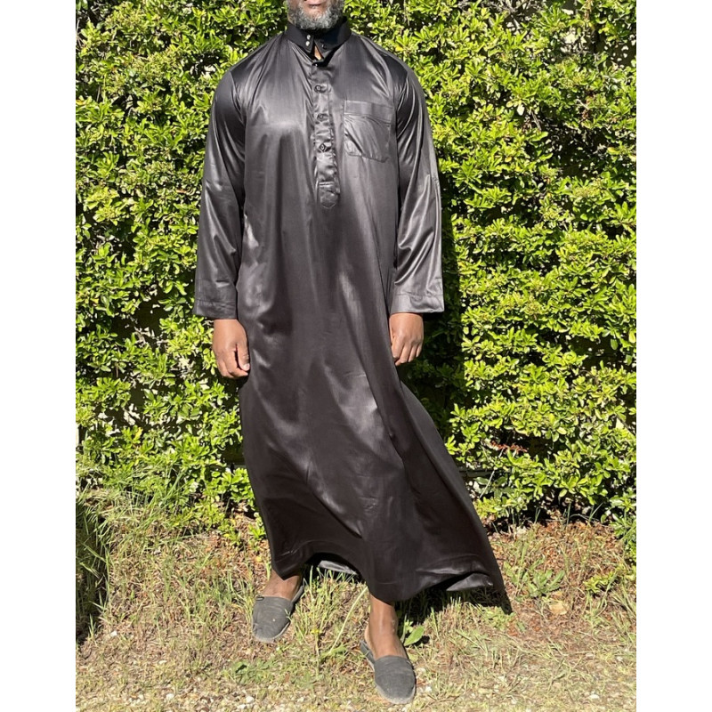 Qamis Long Saoudien De Luxe à Col - Tissu Glacé Noir - Manche Longue Style Haramain ou Daffah -Afaq