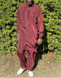 Qamis Pakistanais à Col - Tissu Satin Bordeaux - Qamis Court + Pantalon - Afaq