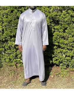 Qamis Long Saoudien De Luxe à Col - Tissu Glacé Gris Clair - Manche Longue Style Haramain ou Daffah -Afaq