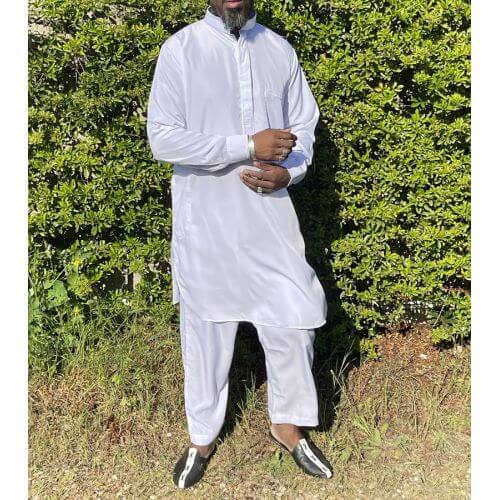 Qamis Pakistanais à Col - Tissu Satin Blanc - Qamis Court + Pantalon - Afaq