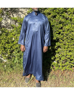 Qamis Long Saoudien De Luxe à Col - Tissu Glacé Bleu Pétrole - Manche Longue Style Haramain ou Daffah -Afaq