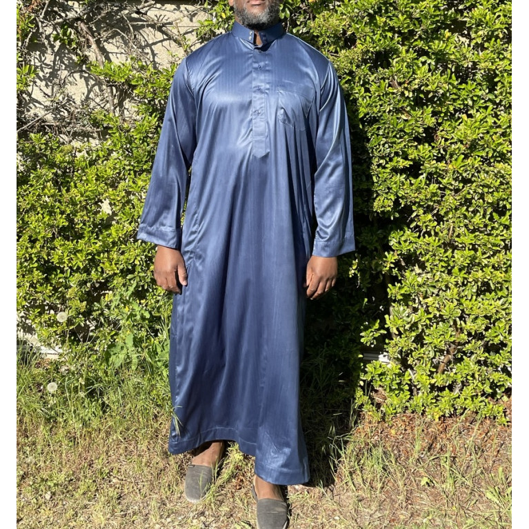 Qamis Saoudien De Luxe à Col - Tissu Glacé Bleu Pétrole - Style Haramain ou Daffah -Afaq