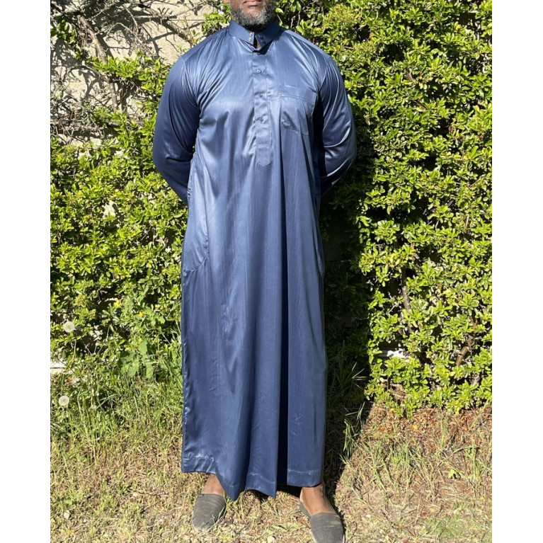 Qamis Saoudien De Luxe à Col - Tissu Glacé Bleu Pétrole - Style Haramain ou Daffah -Afaq