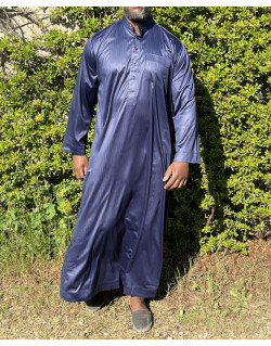 Qamis Long Saoudien De Luxe à Col - Tissu Glacé Bleu Nuit - Manche Longue Style Haramain ou Daffah -Afaq