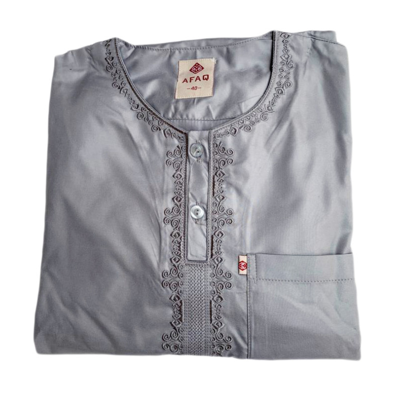 Qamis Afaq - Adolescents Gris -Manche Longue + Pantalon - Sans Col - Tissu Glacé - du 36 au 50 Qamis Afaq - Adolescents Gris -Manche Longue + Pantalon - Sans Col - Tissu Glacé - du 36 au 50
