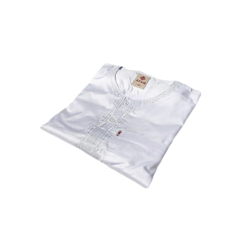 Qamis Afaq - Adolescents Blanc -Manche Longue + Pantalon - Sans Col - Tissu Glacé - du 36 au 50