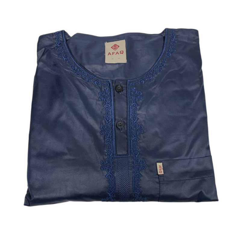 Qamis Afaq - Adolescents Bleu -Manche Longue + Pantalon - Sans Col - Tissu Glacé - du 36 au 50