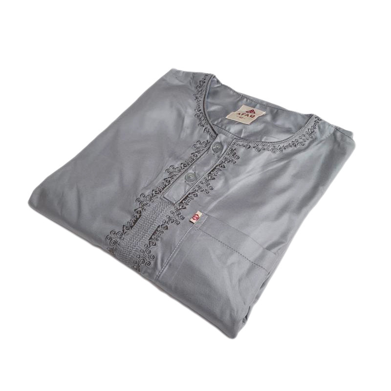 Qamis Afaq - Adolescents Gris -Manche Longue + Pantalon - Sans Col - Tissu Glacé - du 36 au 50