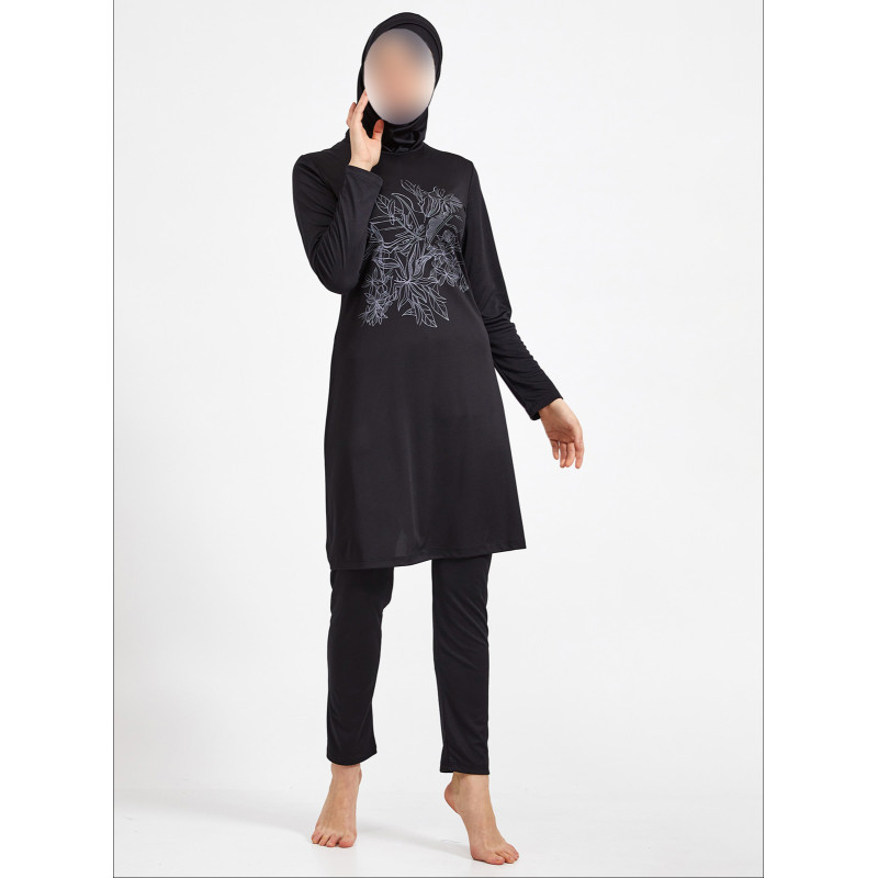 Burkini Hijab Imprimé Bouquets de Fleurs - Noir - Plage et Sport