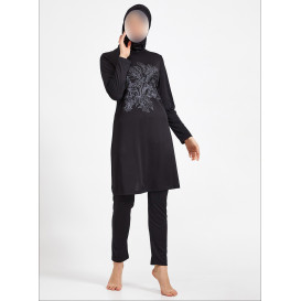 Burkini Hijab Imprimé Bouquets de Fleurs - Noir - Plage et Sport