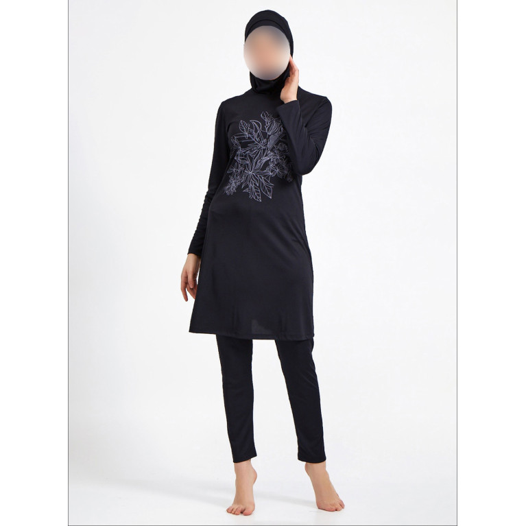 Burkini Hijab Imprimé Bouquets de Fleurs - Noir - Plage et Sport