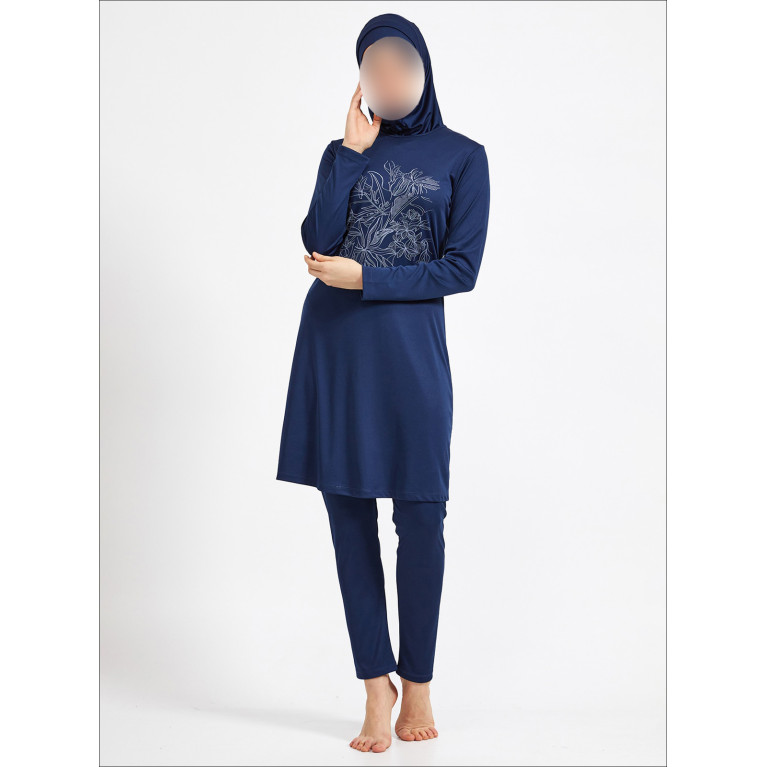 Burkini Hijab Imprimé Bouquets de Fleurs - Bleu Nuit - Plage et Sport