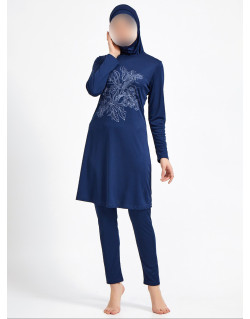 Burkini Hijab Imprimé Bouquets de Fleurs - Bleu Nuit - Plage et Sport