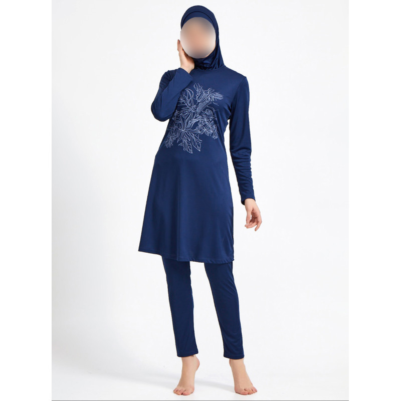 Burkini Hijab Imprimé Bouquets de Fleurs - Bleu Nuit - Plage et Sport