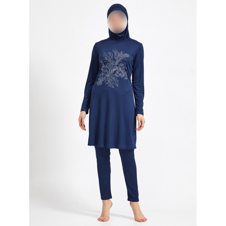 Burkini Hijab Imprimé Bouquets de Fleurs - Bleu Nuit - Plage et Sport