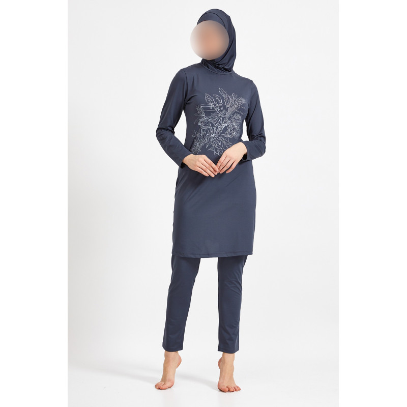 Burkini Hijab Imprimé Bouquets de Fleurs - Anthracite - Plage et Sport