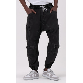 Sarouel Jean Cargo Stretch - Noir : Qaba'il