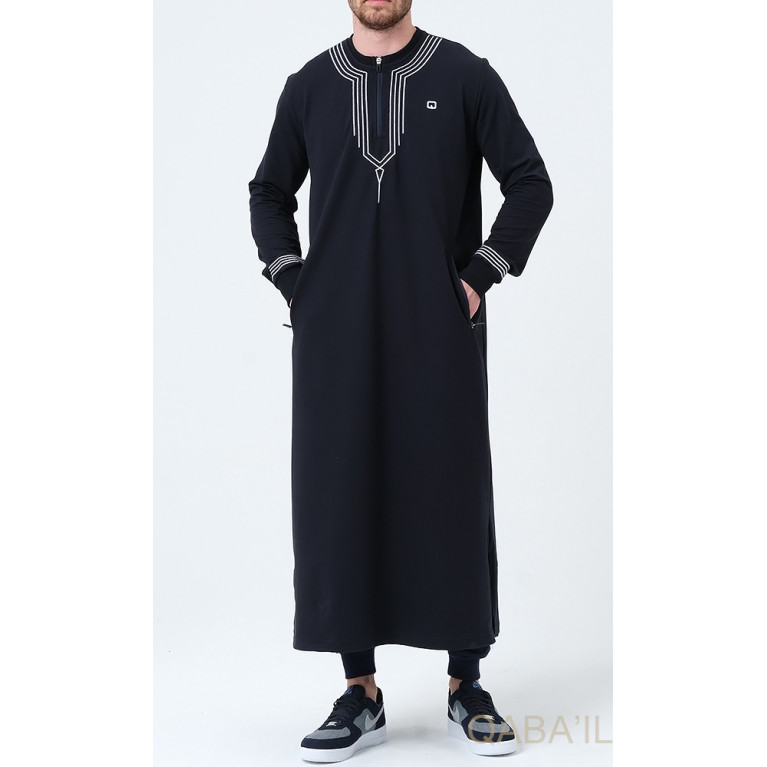 Qamis Long - Bleu Nuit et Broderie Blanc - Qaba'il : Sham