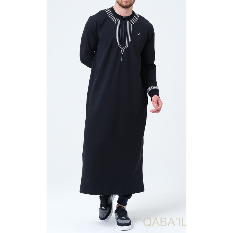 Qamis Long - Bleu Nuit et Broderie Blanc - Qaba'il : Sham