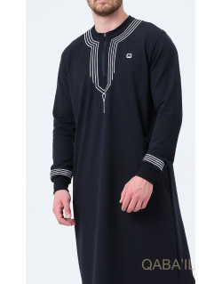 Qamis Long - Bleu Nuit et Broderie Blanc - Qaba'il : Sham