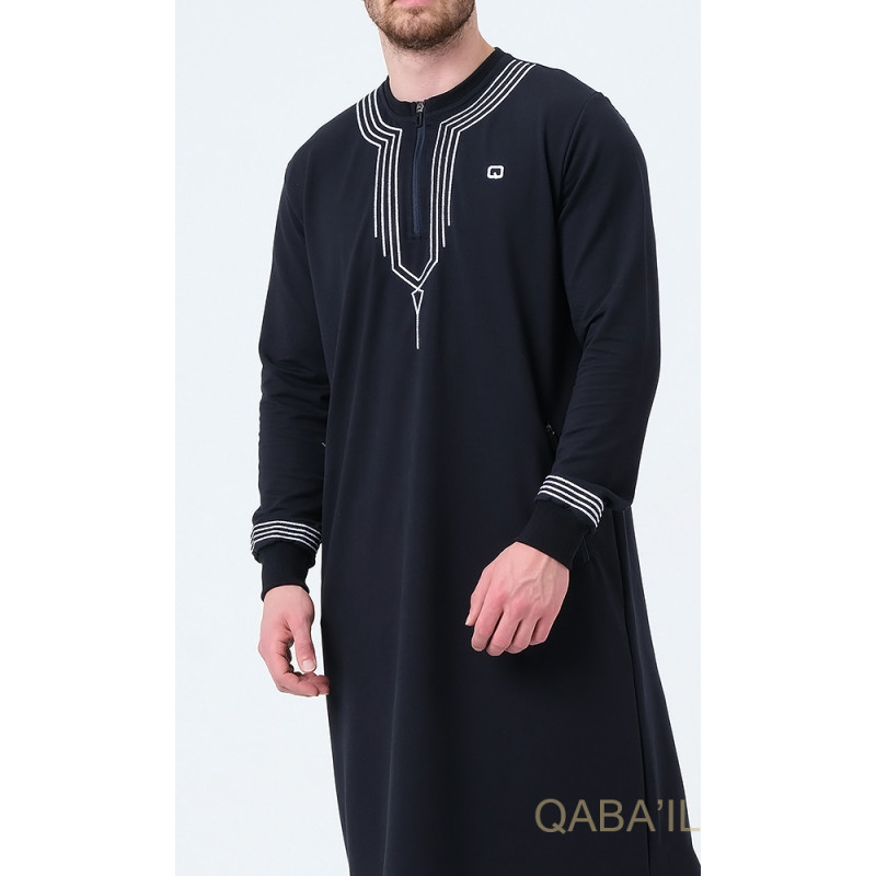 Qamis Long - Bleu Nuit et Broderie Blanc - Qaba'il : Sham