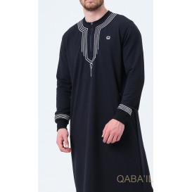 Qamis Long - Bleu Nuit et Broderie Blanc - Qaba'il : Sham